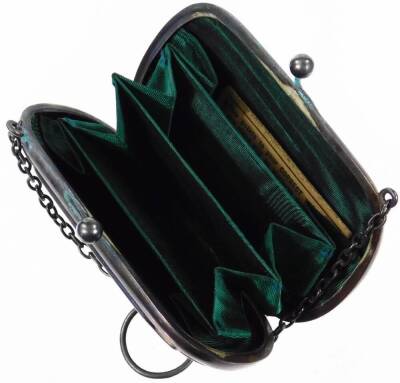 A George V silver coin purse, with chain handle and fitted interior, with orb fastener, Birmingham 1911, 9cm W, 2oz all in. - 3