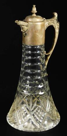 An Elizabeth II silver and cut glass claret jug, with trumpet shaped stem, angular scroll handle and urn finial with Bacchus spout, marked 925, 32cm H.