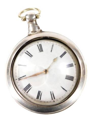 A George III silver pair case pocket watch, with plain inner and outer cases, 5cm Dia. enamel Roman numeric dial and enclosed keywind movement, each case London 1812, 9cm H. (with replacement glass)