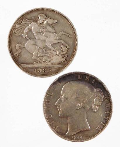 A Queen Victoria silver crown, young head with shield back, 1844, and another 1889, 4cm Dia. (2)