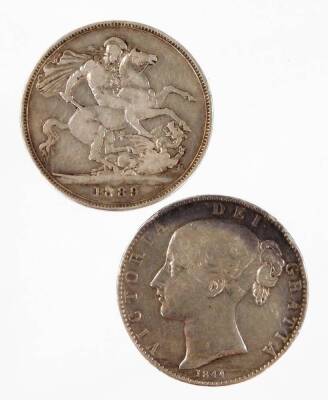 A Queen Victoria silver crown, young head with shield back, 1844, and another 1889, 4cm Dia. (2)