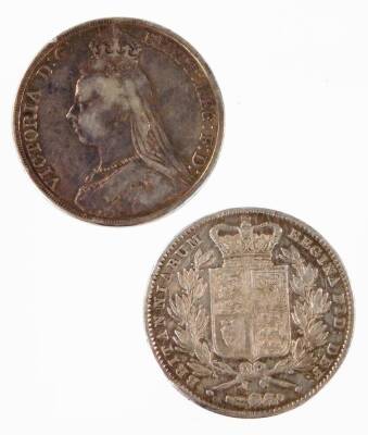 A Queen Victoria silver crown, young head with shield back, 1844, and another 1889, 4cm Dia. (2) - 2