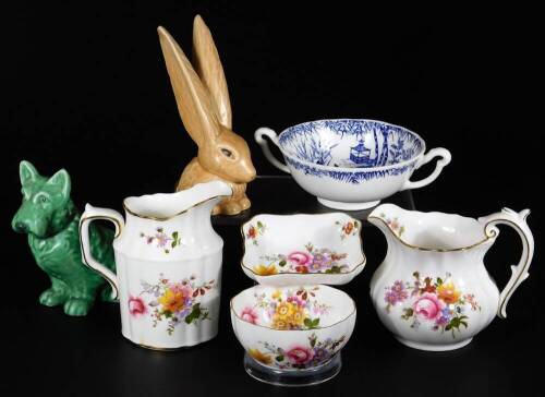 A 20thC Sylvac rabbit, with long ears in brown colourway, 16cm H, a green dog no. 205, various other china, Royal Crown Derby Posies pattern, etc. (a quantity)