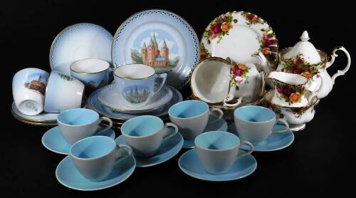 Various teaware, Poole, Royal Albert Old Country Roses, to include teapot, 16cm H, etc. and a set of four Copenhagen porcelain plates, cups and saucers. (a quantity)