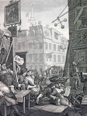 After William Hogarth. Gin Lane and Beer Street, black and white engravings, 38cm x 32cm. - 3