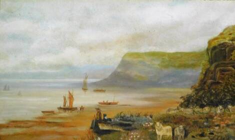 19thC English School. Figure on a beach, calm seascape, oil on canvas, indistinctly signed lower right, 25cm x 38cm.