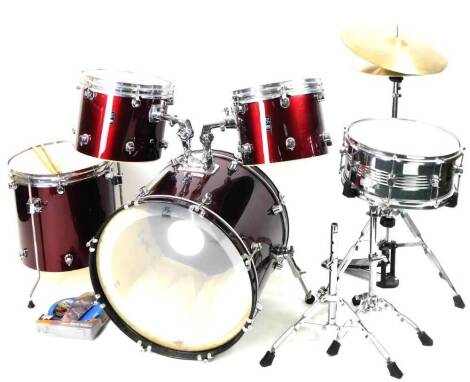 A Performance Percussion drum kit, with symbols, bass drum, 61cm Dia. various foot pedals, etc. (a quantity)