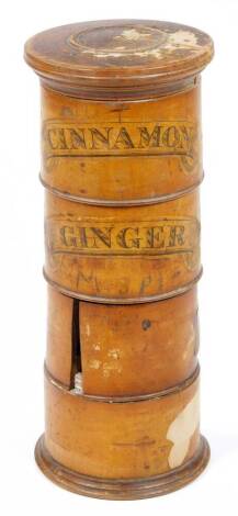 A 19thC sycamore four sectional spice tower, of cylindrical form with labels for cinnamon, ginger, etc. 22cm H. (AF)