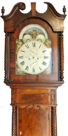 Greenhalgh of Manchester. A Victorian longcase mahogany clock, with a shaped crest and arched hood, flanked by spirally hinged pillars, the trunk with cross banding and further pillars, on bracket feet, with an eight day movement, 233cm H.