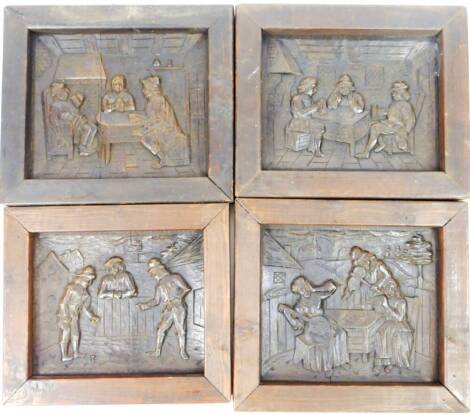 Four 17thC style oak stained panels, each carved with tavern scenes, etc. with plain borders, 35cm H, 39cm W, 4cm D. (4)