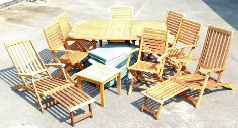 A Winchester Collection teak patio suite, to include dropleaf table, when closed 75cm H, 95cm W, 35cm D, various folding chairs, side table, etc. (a quantity)