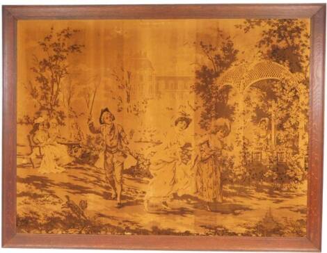 A late 19thC floral tapestry, set with figures in Regency dress before a country house and trees, in a large rectangular oak frame, 166cm x 215cm.