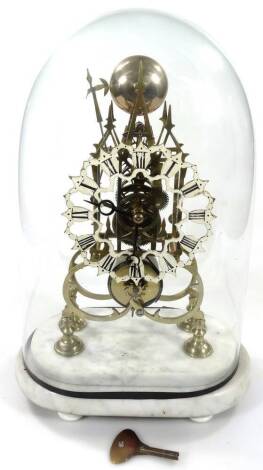 A late 19thC single fusee skeleton clock, with pierced floral 15cm W dial fronting an open movement, on a stepped marble plinth base terminating in compressed bun feet, under a glass dome, hour strike on bell movement, 46cm H.