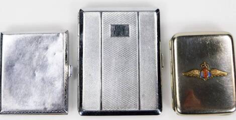 A silver plated RAF cigarette case, with thumb mould handle raised with gilt coloured and enamel finish RAF wings, 8cm W, and two further cigarette cases. (3)