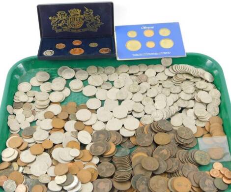 Various coins, pre-decimal, etc. Sterling Collection set, various pre-decimal, some silver, low denomination GB, pennies, etc. (a quantity)