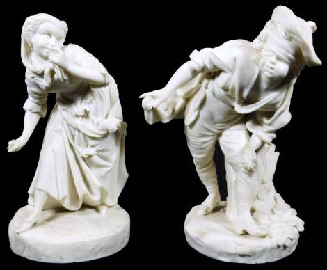 A large pair of 19thC Parian figures, c.1860, of children playing hide and seek, the male figure blindfolded, both figures on a circular base, unmarked, 20cm H.