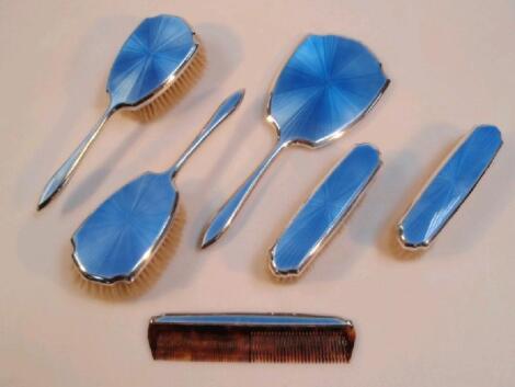 George VI silver and enamelled dressing table set comprising hand mirror