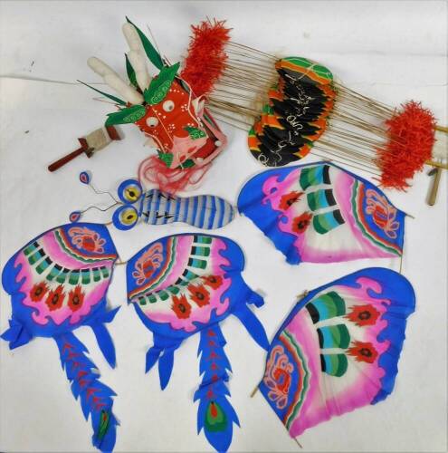 Two Singapore kites, comprising dragon in two sections and an owl, 33cm H. (2, 3 boxes)