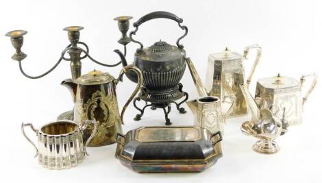 Various silver plated ware, a three piece tea service to include coffee pot, 21cm H, each bright cut decorated, spirit kettle on stand, candlesticks, entree dish, etc. (a quantity)