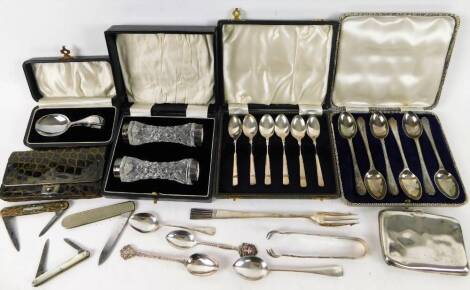 Various silver, etc. teaspoons sets of six to include some headed with golf clubs, medicine pusher, 10cm W, cigarette case, approx. 8oz of silver. (a quantity)