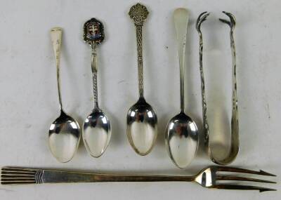 Various silver, etc. teaspoons sets of six to include some headed with golf clubs, medicine pusher, 10cm W, cigarette case, approx. 8oz of silver. (a quantity) - 11