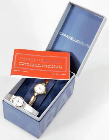 A ladies Caravelle Bulova cocktail watch, with 2cm Arabic dial and elasticated bracelet, with paperwork in box, and a further Lorus ladies wristwatch. (2)