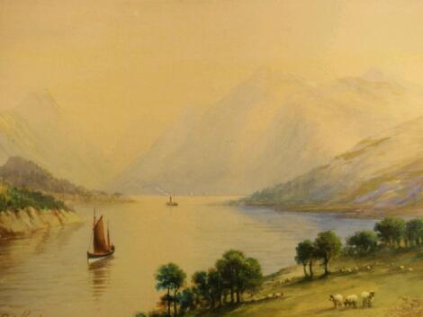 Milton Drinkwater. View in the Lake District with grazing sheep and river craft