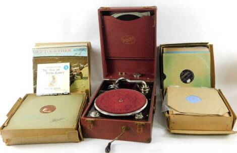 An Edison Bell gramophone turntable, with baize centre and chrome plated arm, in pressed case, 30cm W, various records. (a quantity)