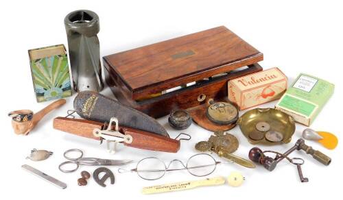 Bygones, collectables, a late 19thC rosewood medical instrument box, a pottery Field Marshall Montgomerie 'Monty' pipe, part pocket watch, bookmark with cat finial, cat badge, etc. (a quantity)