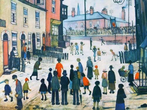 After Laurence Stephen Lowry. Street Scene 1938, print, Woolf's label to the back, 44cm x 59cm.