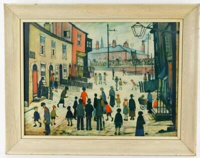 After Laurence Stephen Lowry. Street Scene 1938, print, Woolf's label to the back, 44cm x 59cm. - 2