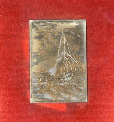 A silver plaque engraved with a sailing vessel, framed and glazed, Dorothy Budd, London 1982, plaque 7cm x 5cm. - 2