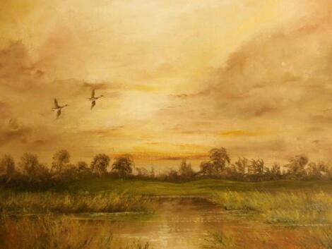 Raymond Price. Fenland landscape with mallards in flight