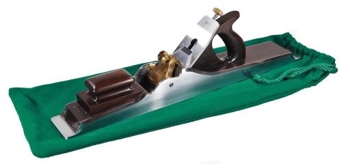 A Karl Holtey 22" jointer wood plane, with twin thread adjuster, infill and shaped handle, with steel body, marked and numbered 2, 58cm W, in baize pouch. (unused)