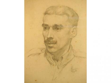 A pencil head and shoulders portrait of a moustached gentleman