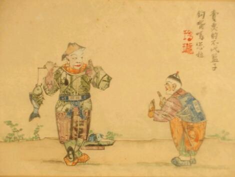 Early 20thC Chinese School. A decoupage scene of a fishmonger in pen and ink with wash