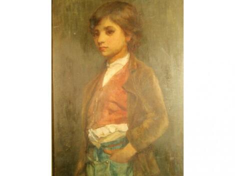 19thC School. A three quarter length portrait of a young man with a tambourine