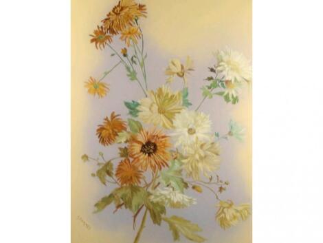 F. Barnes. A 19thC study of flowers reverse painted on a glass panel in an oak frame