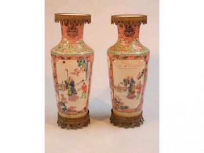 A pair of Chinese Famille Rose rouleau vases