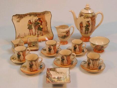 A Royal Doulton pottery Robin Hood Series ware coffee service comprising coffee pot