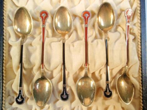 A set of 6 silver gilt Norwegian coffee spoons with enamelled handles