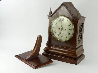 A Victorian figured mahogany mantel clock, the silver dial stamped Wakefield, South Street, Grosvenor square, with obelisk shaped finials and a plinth base, 48cm H. and an associated bracket. - 2