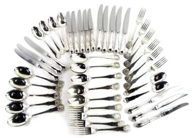 A Norwegian silver part canteen of cutlery, each piece decorated with shells, acanthus etc, stamped 930S some pieces stamped Tostrup, possibly for Jacob Tostrup 1806-1890, 30oz, and a set of six Norwegian silver dessert spoons 6¾oz, and various other kniv