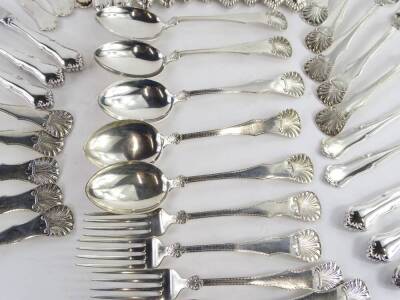 A Norwegian silver part canteen of cutlery, each piece decorated with shells, acanthus etc, stamped 930S some pieces stamped Tostrup, possibly for Jacob Tostrup 1806-1890, 30oz, and a set of six Norwegian silver dessert spoons 6¾oz, and various other kniv - 5