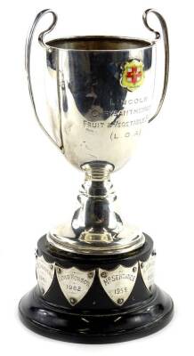 A George VI silver two handled cup, enamel with the crest of Lincoln engraved Lincoln Chrysanthemum Fruit and Vegetable show (L.G.A), on the reverse Mablethorpe Challenge cup, presented by Mrs W H Rawlinson, Birmingham 1937, 4¾oz excluding base.