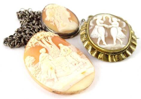 Various cameos and cameo brooches, comprising a large oval shell cameo brooch, unmounted, 5.5cm x 4cm, an oval shell cameo brooch in gilt metal ornate frame, 4.5cm x 5cm, and another in a silver frame, on silver chain. (3)