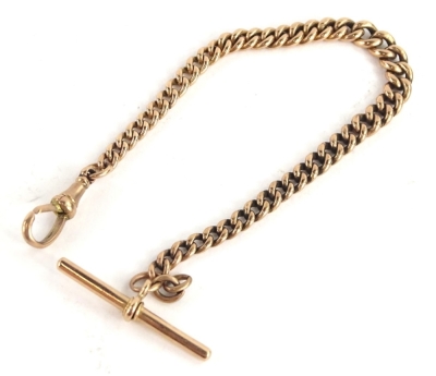 A 9ct gold flat curb watch chain, with t-bar and clip, 21.5cm L overall, 18.2g.