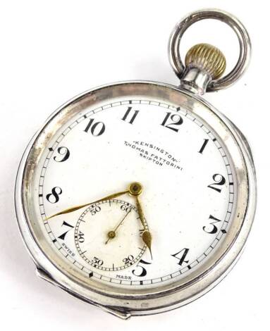 A silver Thomas Fattorini of Skipton pocket watch, with white enamel watch head, seconds dial, and gold coloured hands, Swiss 15 jewel movement, 4.5cm dia, 88.4g all in.