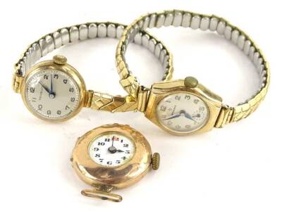 Three 9ct gold cased ladies wristwatches, to include a Resolute wristwatch on expanding stainless steel strap, a Rodania wristwatch, on expanding stainless steel strap and a Victorian gold cased watch with white enamel dial, lacking strap. (3)