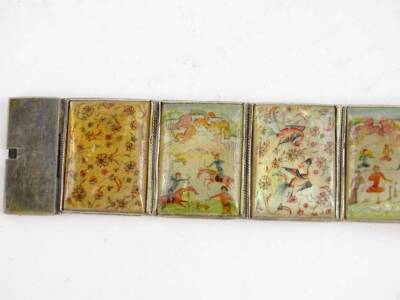 An Oriental style bracelet, with nine painted mother of pearl rectangular panels, depicting birds, flowers and figures, in white metal surround, unmarked, 19cm long overall. - 3